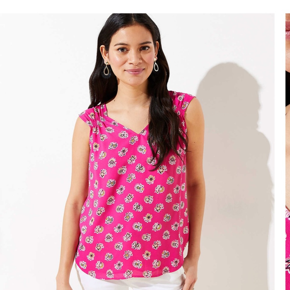 NWT LOFT Sz L Bloom Smocked Trim Shell-Pink floral